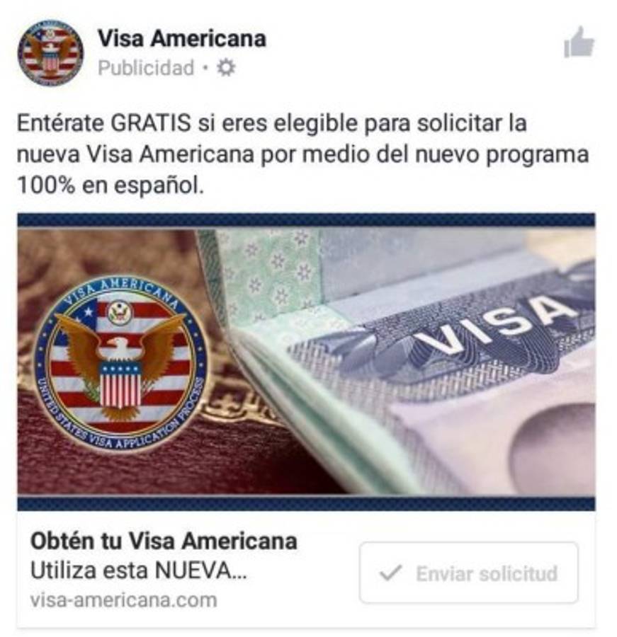 En su página de Facebook, este sitio fraudulento engaña a las personas para poder obtener la visa americana.