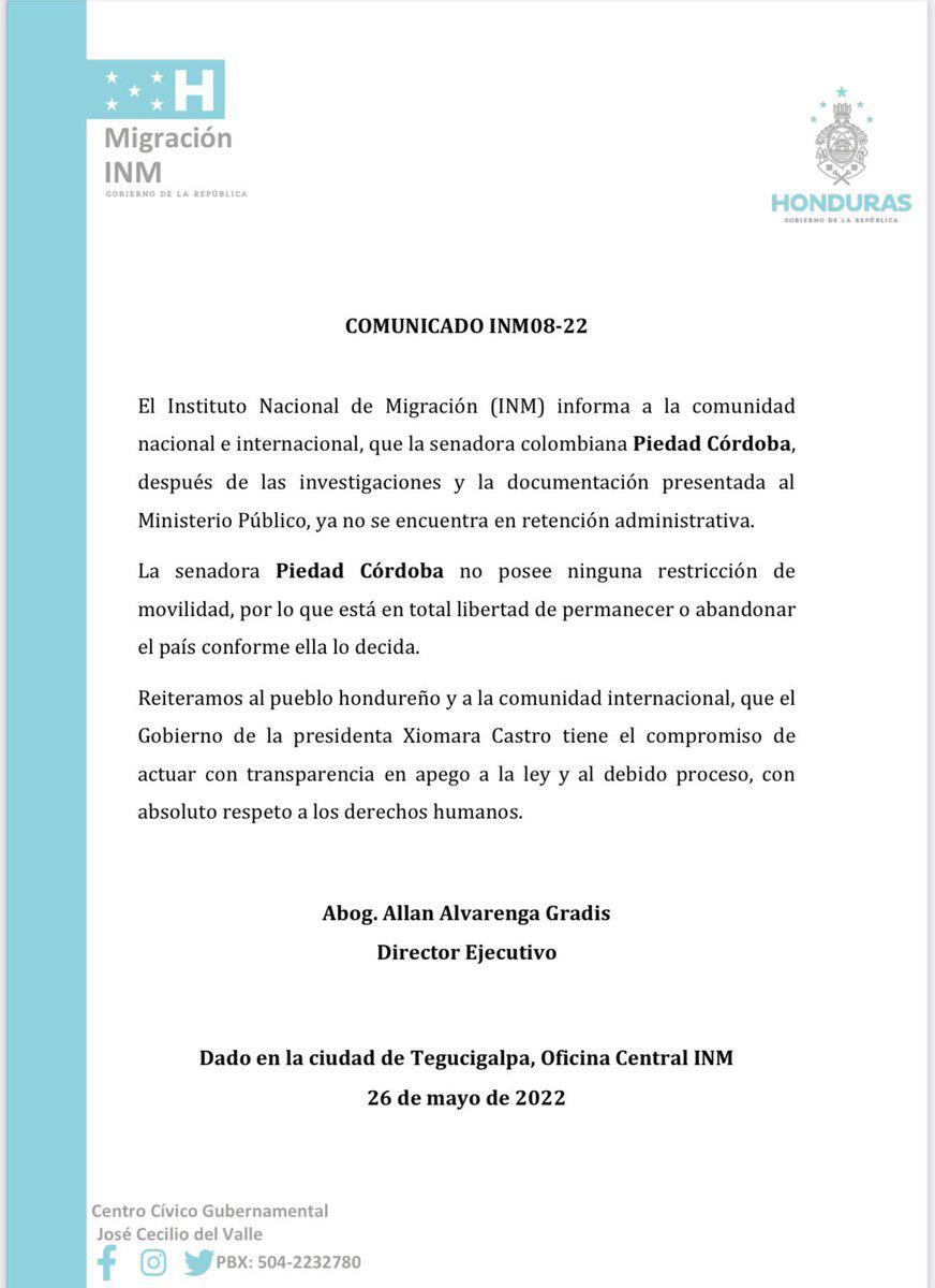 Migración: En libertad senadora colombiana Piedad Córdoba tras interrogatorio; investigación continúa