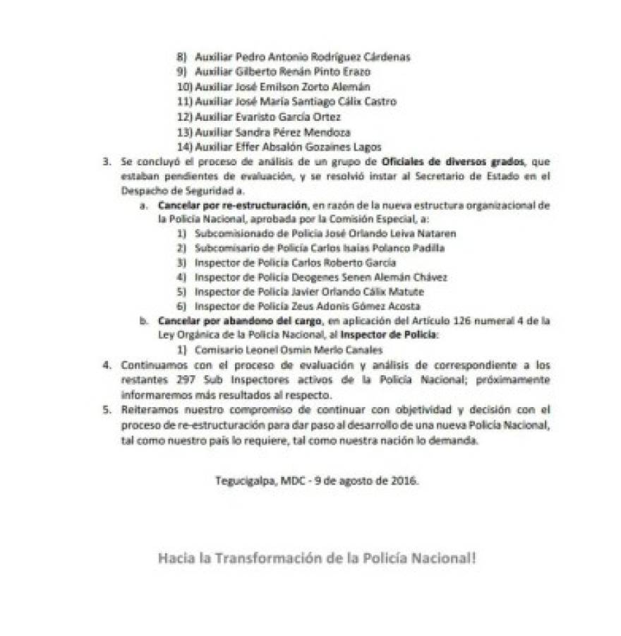 Comisión depuradora separa a 71 oficiales de la Policía Nacional