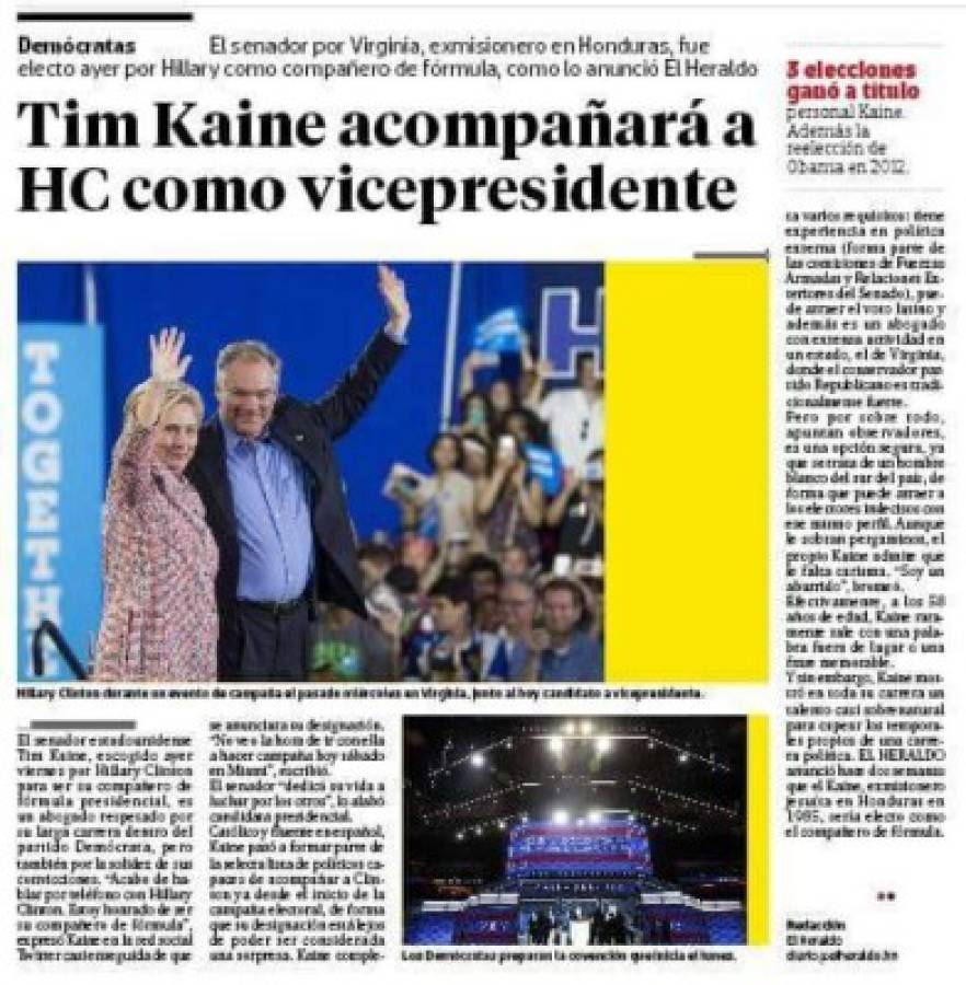 Honduras cambió la vida de Tim Kaine, el vicepresidente de Hillary Clinton