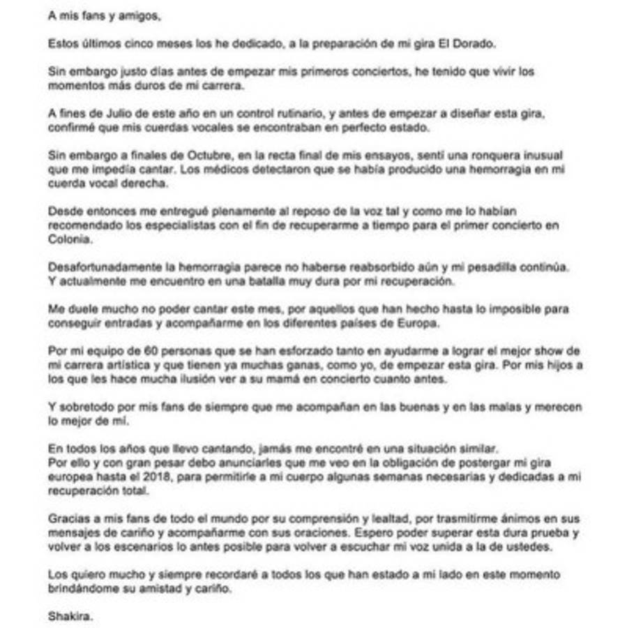Este fue el mensaje que publicó la cantante colombiana. Foto captura Instagram
