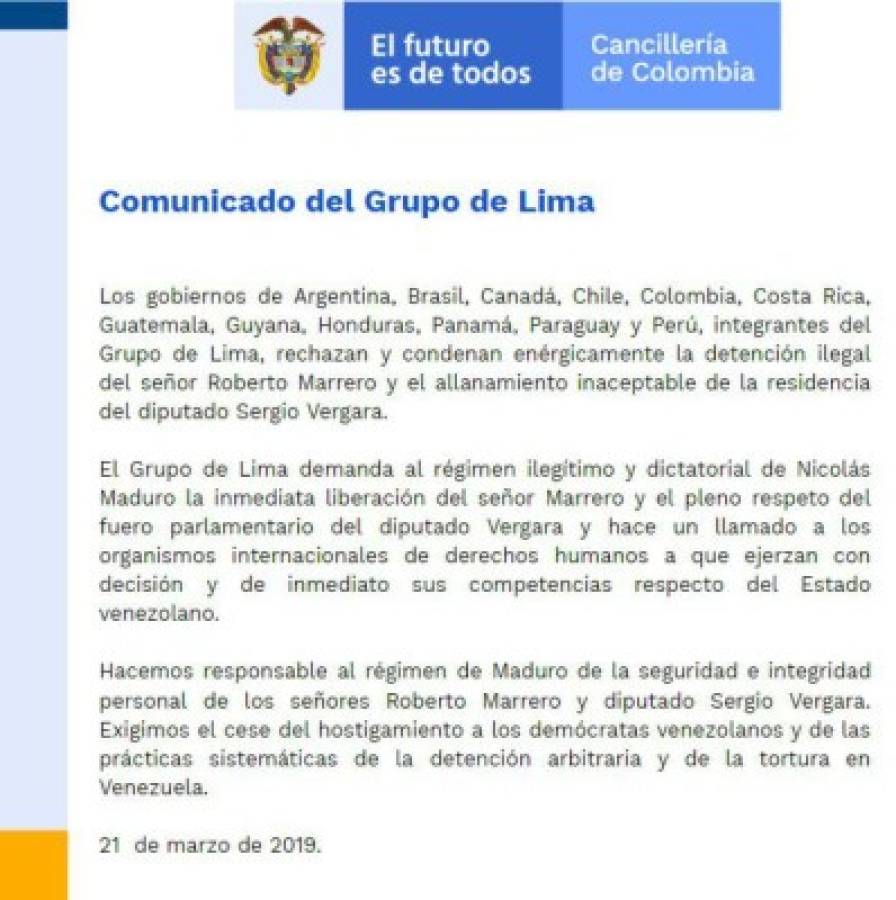 Grupo de Lima exige liberación de asesor de Juan Guaidó en Venezuela