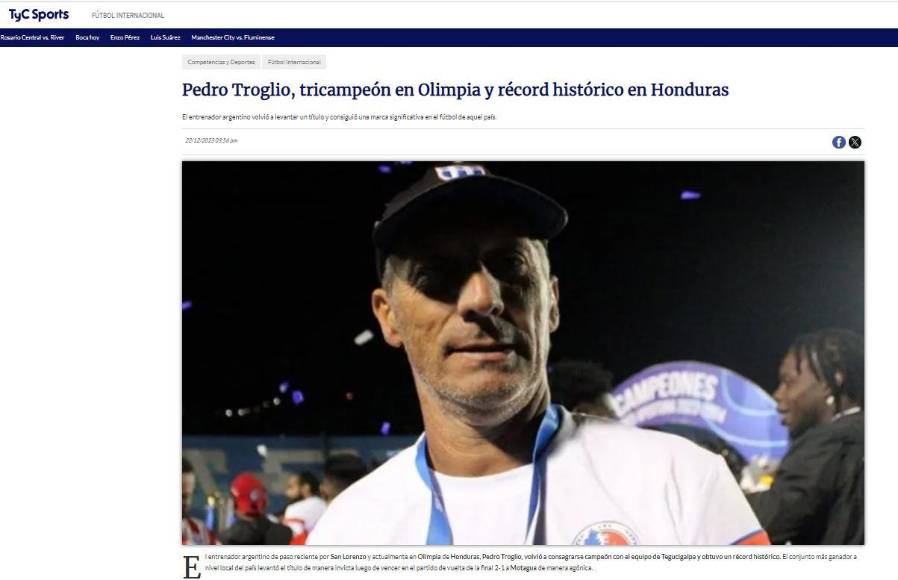 Prensa internacional destaca tricampeonato invicto del Olimpia de Troglio