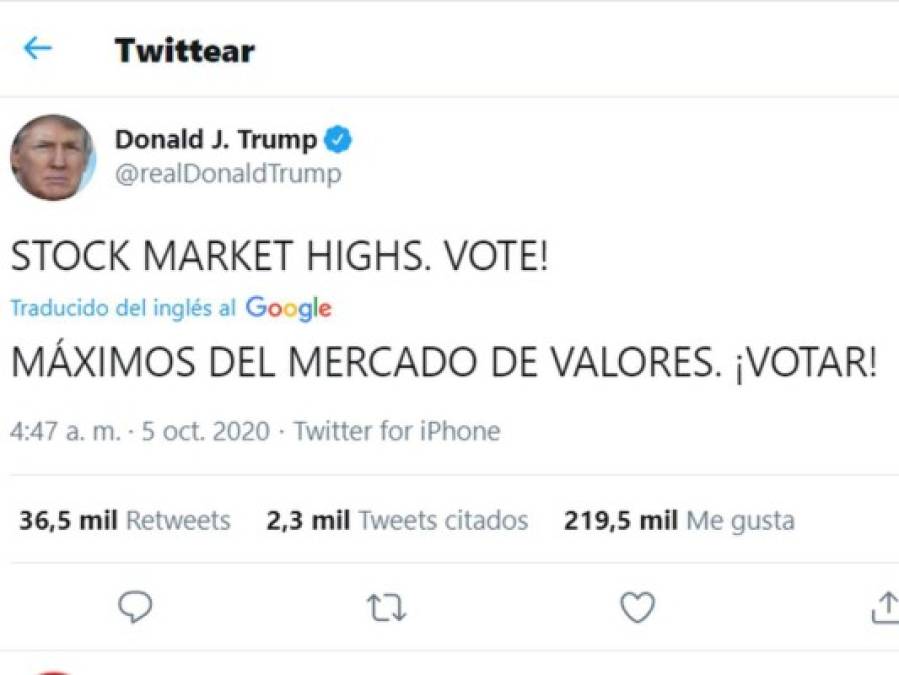 Desde el hospital y con una cascada de tuits, Donald Trump pide el voto (Fotos)