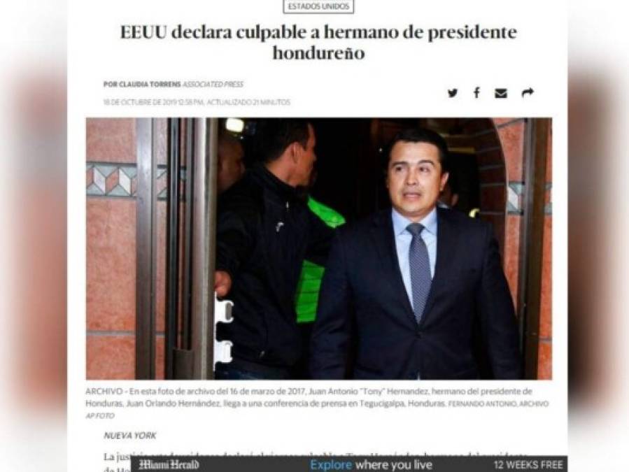 Así cubre la prensa internacional: Tony Hernández culpable