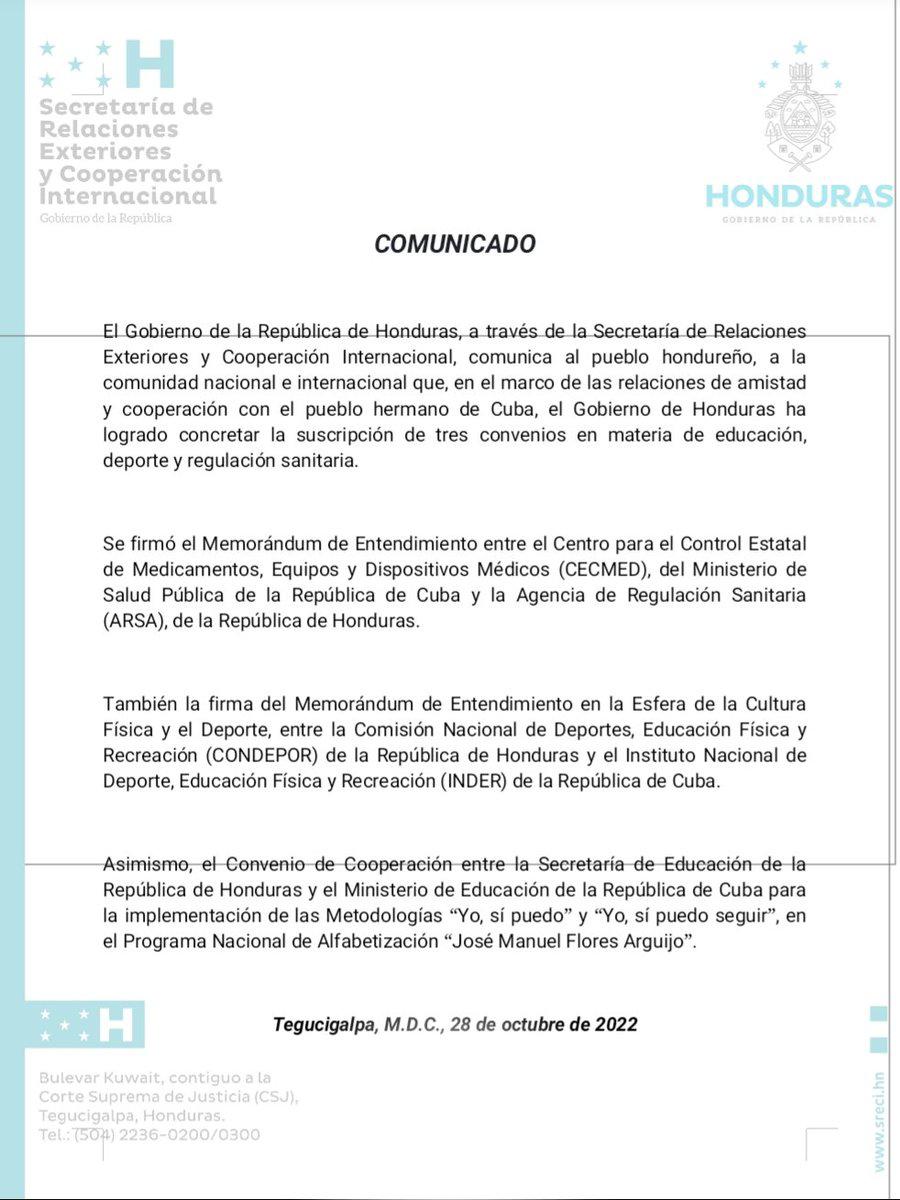 Honduras y Cuba firman convenios para fortalecer educación, salud y deporte