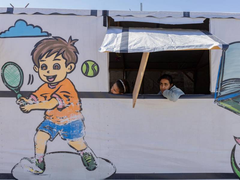 Students at an Academy of Hope school in Deir al-Balah, in the central Gaza Strip, on Feb. 5, 2026. Quietly, and despite considerable risk, a network of free private schools for war orphans and other children has sprouted in the Gaza Strip, as the brainchild of a Palestinian American neurosurgeon, Dr. David Hasan. (Saher Alghorra/The New York Times)