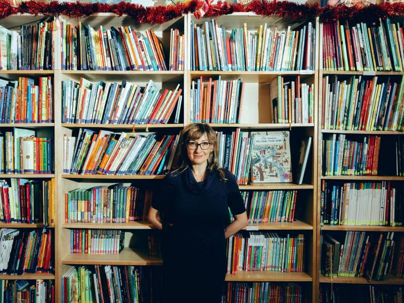 Anya Morlan-Stysis, owner of the Kvartira book store in Brooklyn, at her shop on Wednesday, Feb. 18, 2026. Kvartira hosts talks with dissident authors and evenings for participants to write letters to political prisoners.