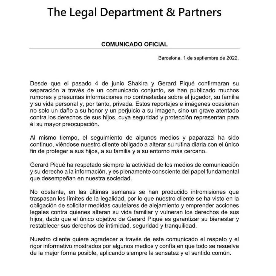 Este fue el comunicado emitido por Piqué sobre su actual situación.