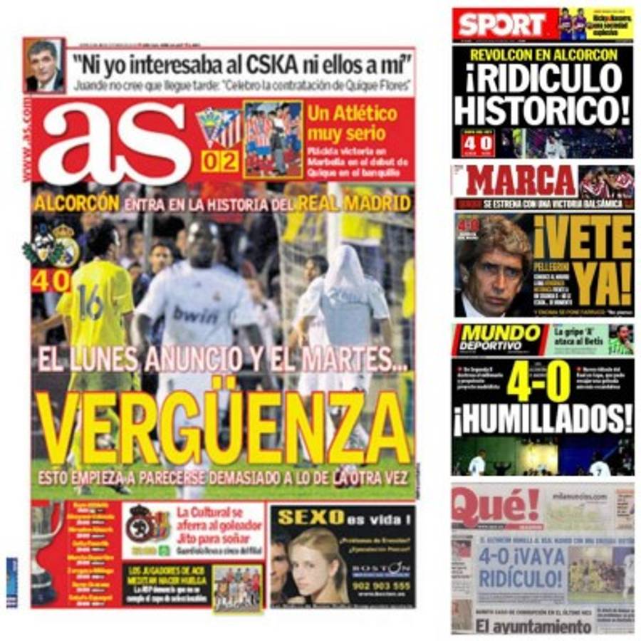 La portada de los diarios deportivos de España y el diario gratuito Qué! sobre aquella vergüenza mayúscula del Madrid.