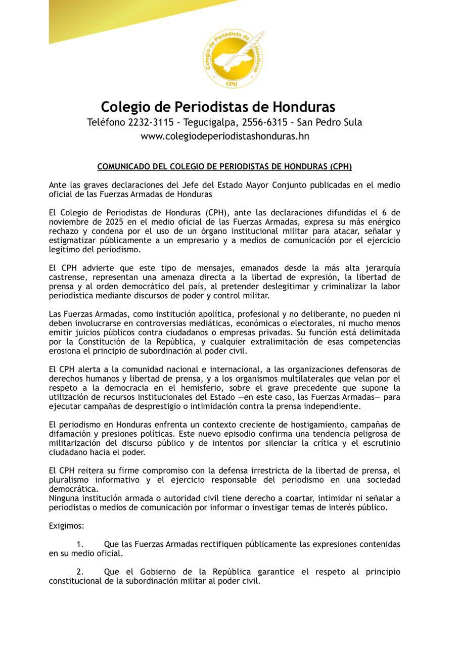 CPH exige a las FF AA que rectifiquen públicamente expresiones contra medios de comunicación