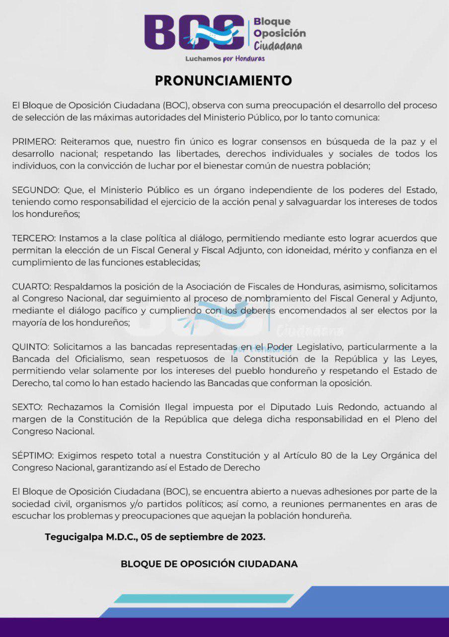 Bloque de Oposición Ciudadana rechaza comisión nombrada para investigar a exfiscales