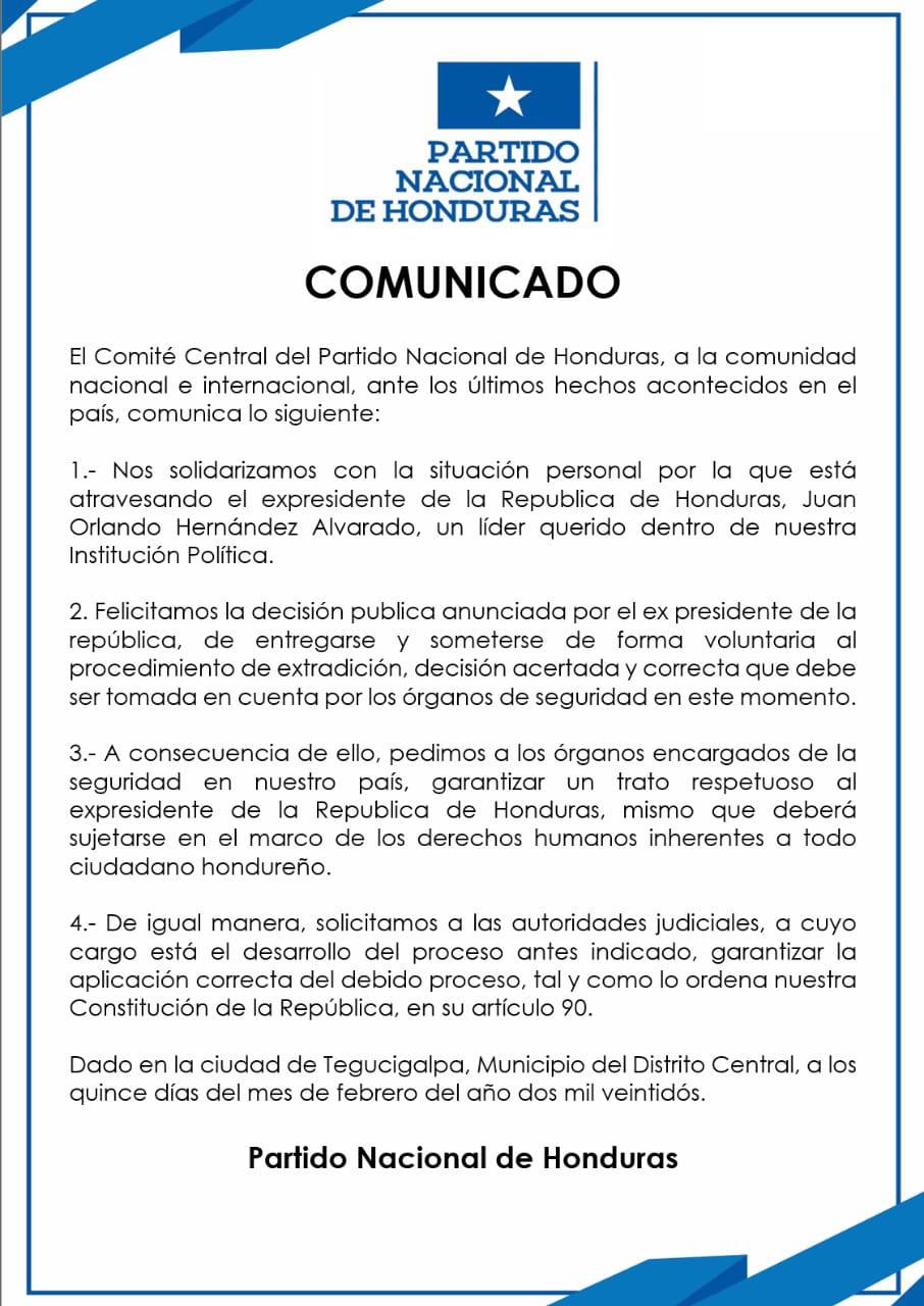 Partido Nacional se solidariza con JOH, pedido en extradición por EEUU