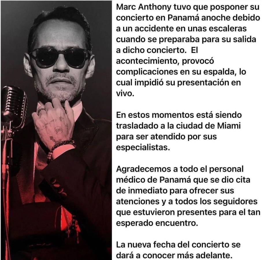 Marc Anthony sufre accidente y cancela concierto en Panamá