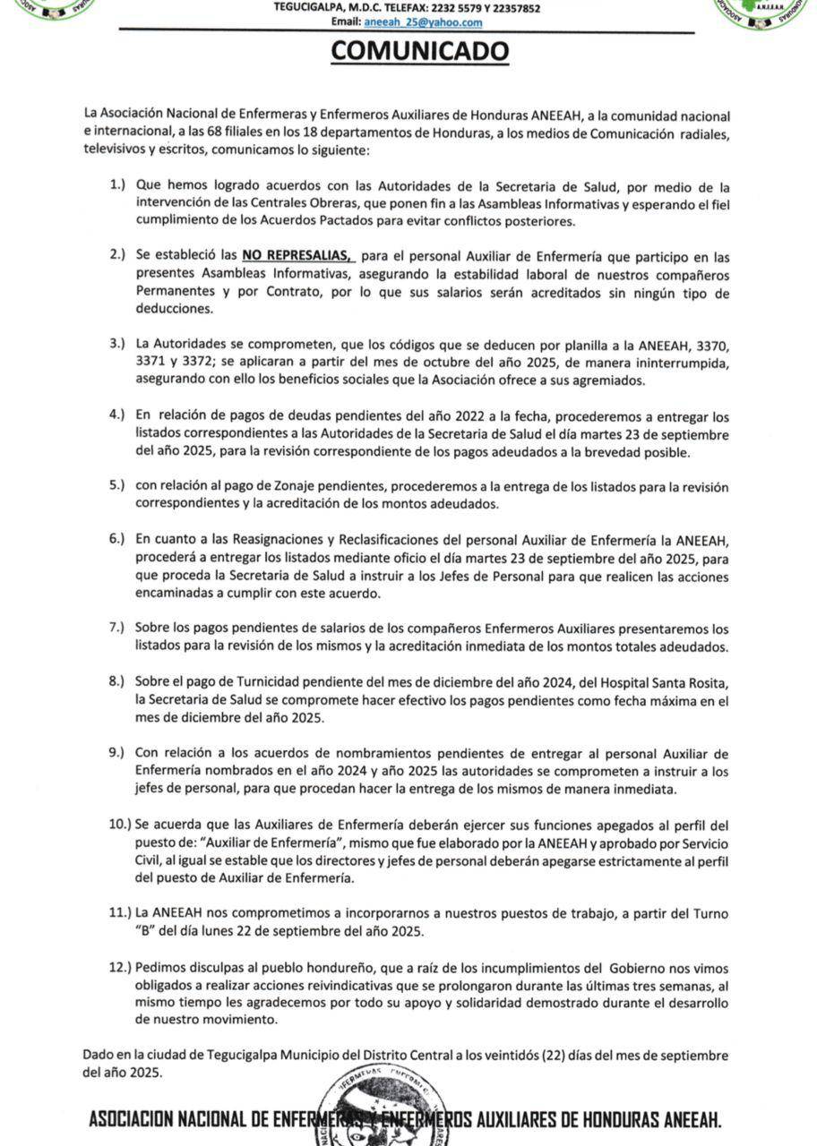 Las enfermeras auxiliares mediante un comunicado dieron a conocer los puntos que alcanzaron con la Sesal.