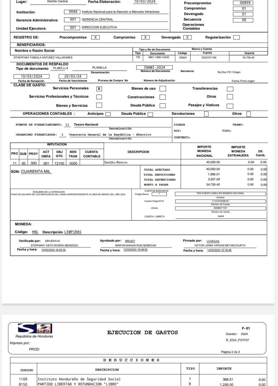 $!La directora del INAMI contrató, con un salario de 40 mil lempiras, a su cuñada, Stheffany Antúnez.