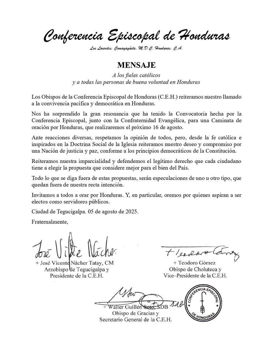 Conferencia Episcopal rechaza especulaciones políticas sobre convocatoria a caminata