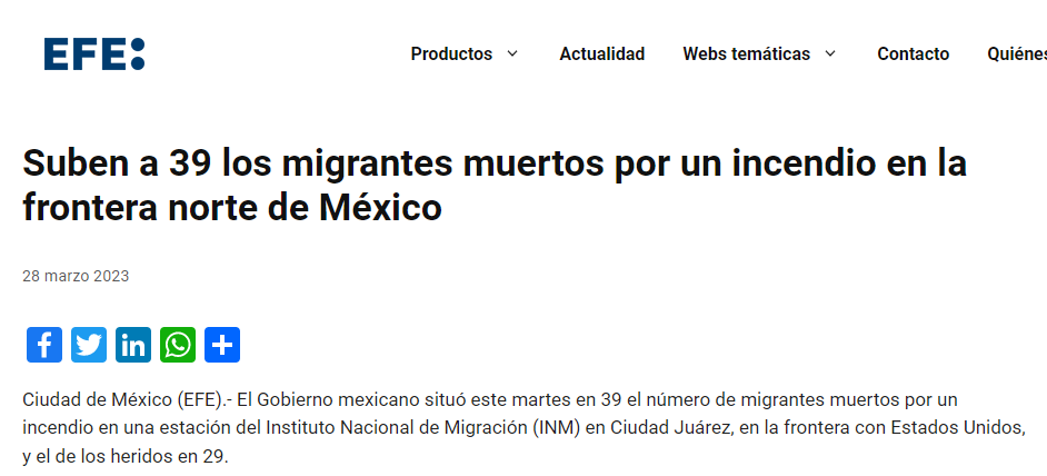 “Tragedia”: así informa el mundo la muerte de migrantes en un incendio en México