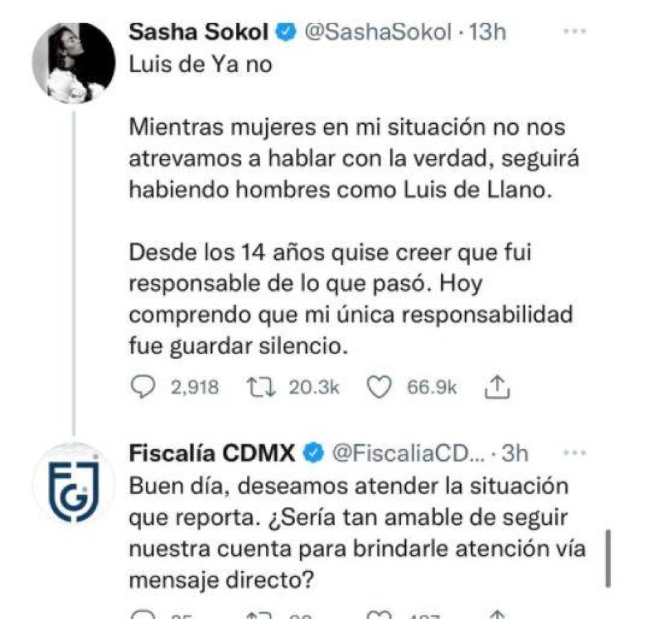 Fiscalía ofrece ayuda a Sasha Sokol sobre denuncia de abuso de Luis de Llano
