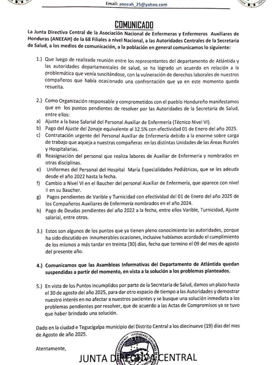Luego de la reunión los auxiliares de enfermería decidieron suspender las asambleas informativas.