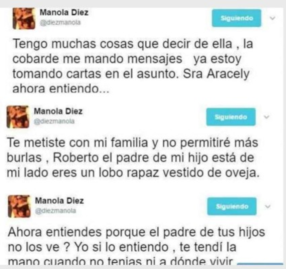 Estos fueron los mensajes que Manola Díez publicó en Twitter.