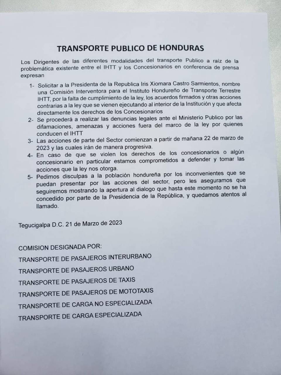 Anuncian paro de transporte el 22 de marzo en Honduras y exigen intervención del IHTT