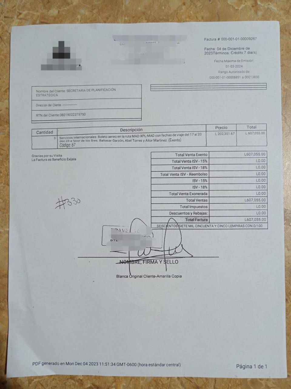 $!En esta factura se puede evidenciar que la Secretaría de Planificación y Estrategia (SPE) pagó más de 607 mil lempiras por tres boletos de avión para Baltasar Garzón