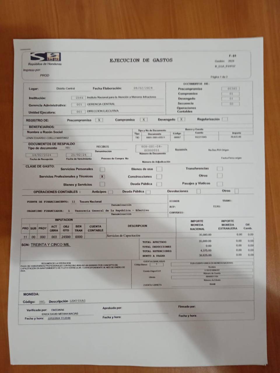 $!Lenin Edgardo Coello Martínez, pareja sentimental de la directora de INAMI, recibió 35 mil lempiras por concepto de honorarios profesionales en enero pasado.