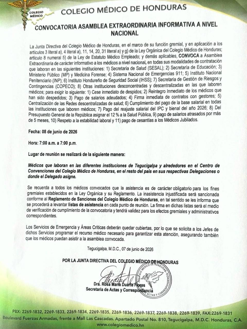 El CMH convocó este domingo a los médicos para la asamblea informativa que se realizará a nivel nacional este lunes 8 de junio.