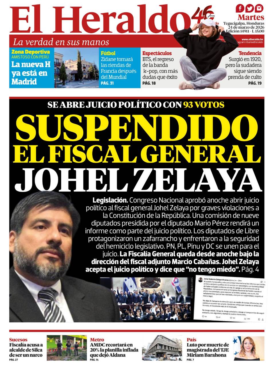 Suspendido el fiscal general Johel Zelaya