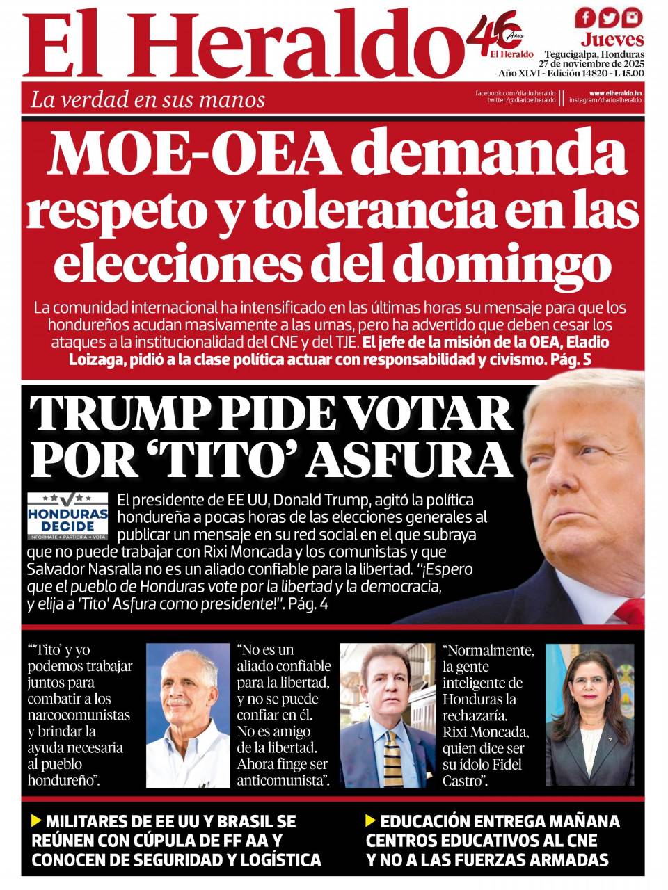 MOE-OEA demanda respeto y tolerancia en las elecciones del domingo