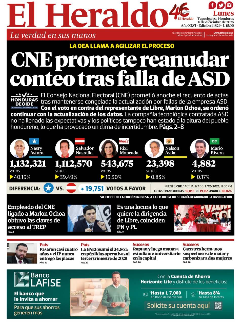 CNE promete reanudar conteo tras falla de ASD