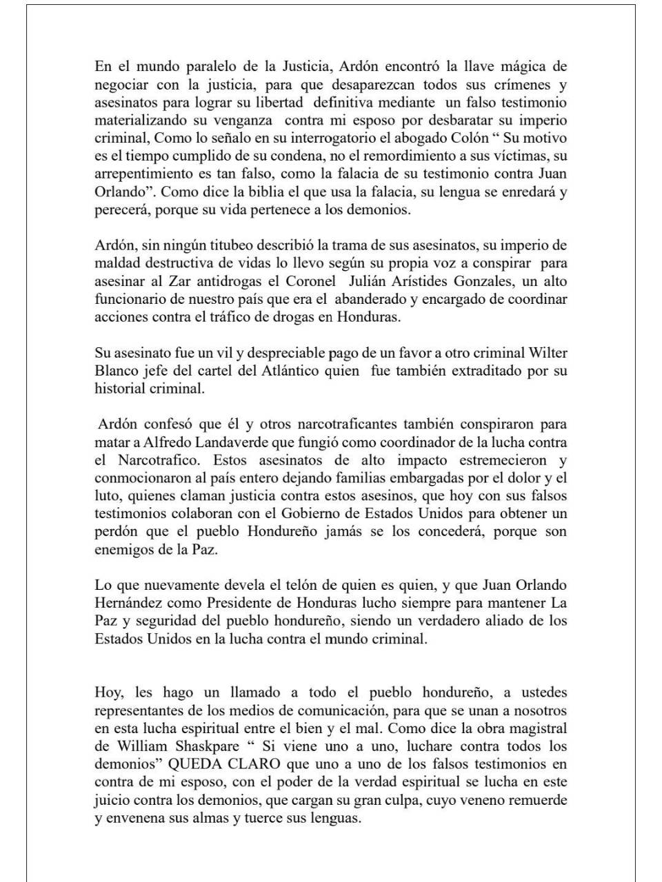 $!Familia de Juan Orlando Hernández: “Ahora los detractores pasaron a ser señalados por narcotráfico”