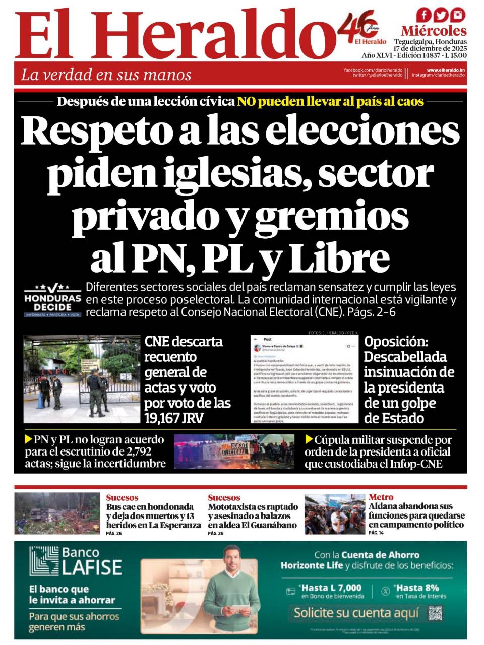 Respeto a las elecciones piden iglesias, sector privado y gremios al PN, PL y Libre
