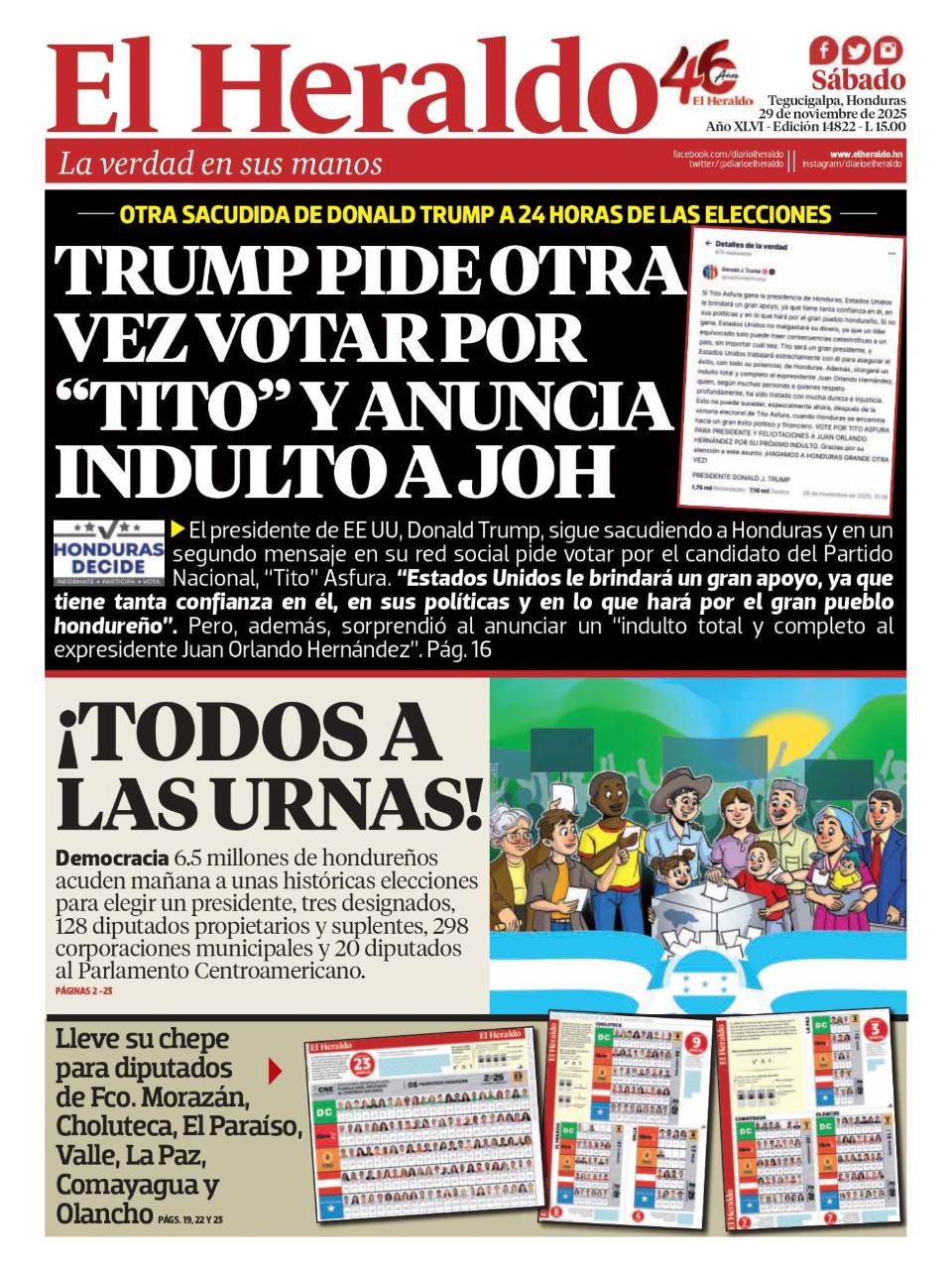 Trump pide otra vez votar por Tito y anuncia indulto a JOH