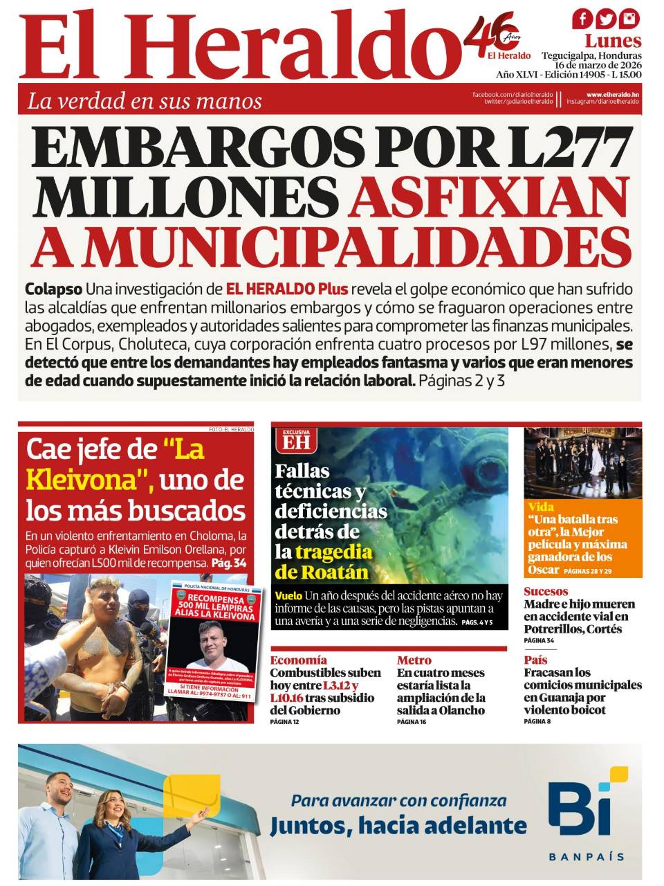 Embargos por L277 millones asfixian a municipalidades