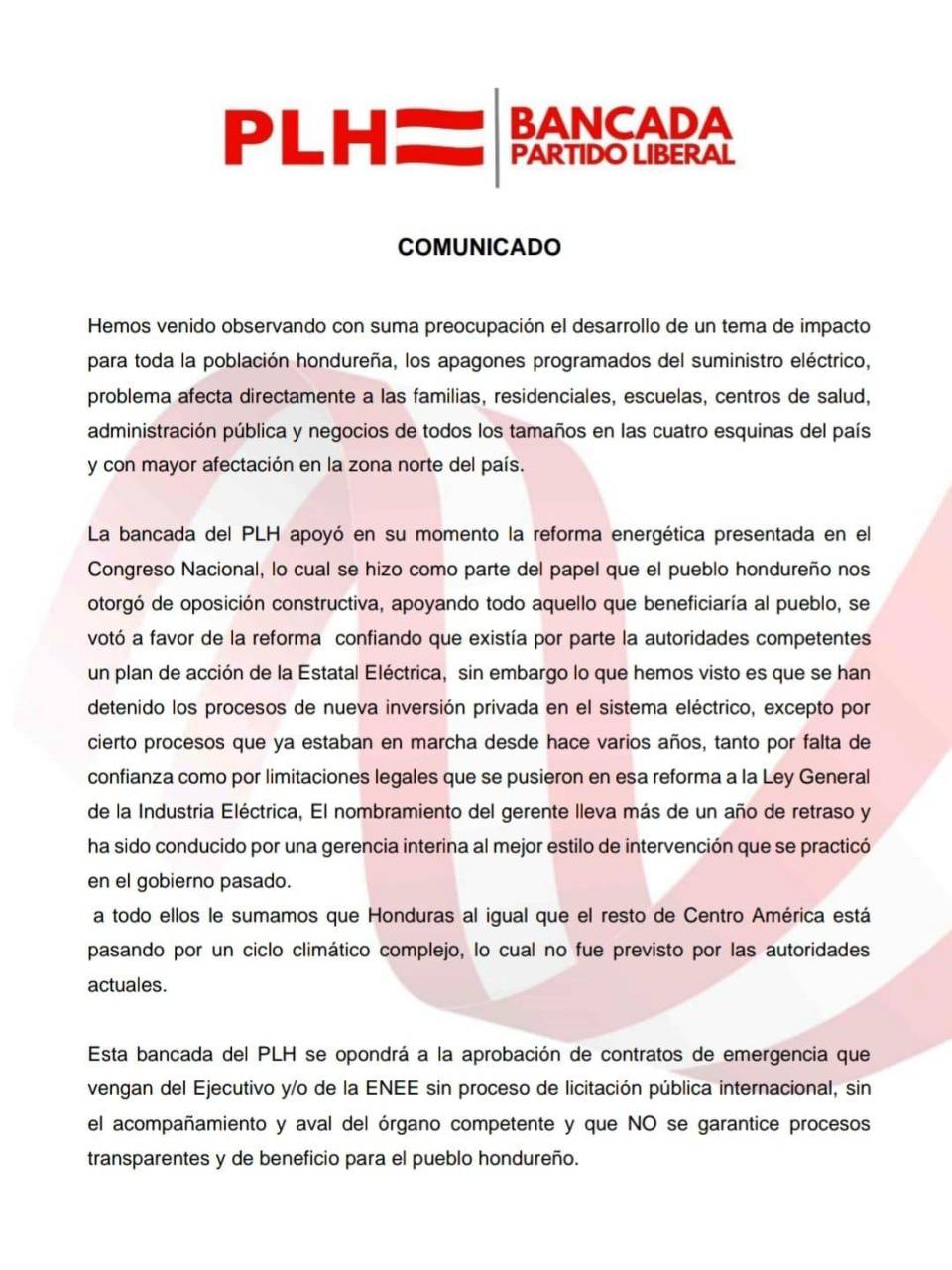 Ante crisis energética, Partido Liberal anuncia que se opondrá a aprobación de contratos de emergencia