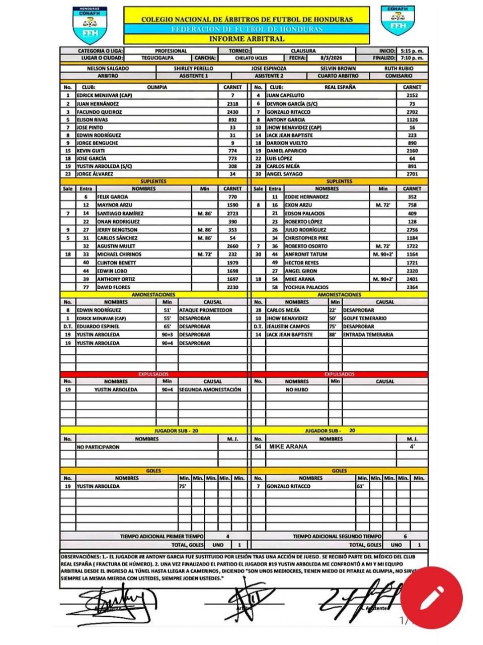 Acta arbitral hunde a Yustin Arboleda: El grave castigo que recibiría el jugador de Olimpia
