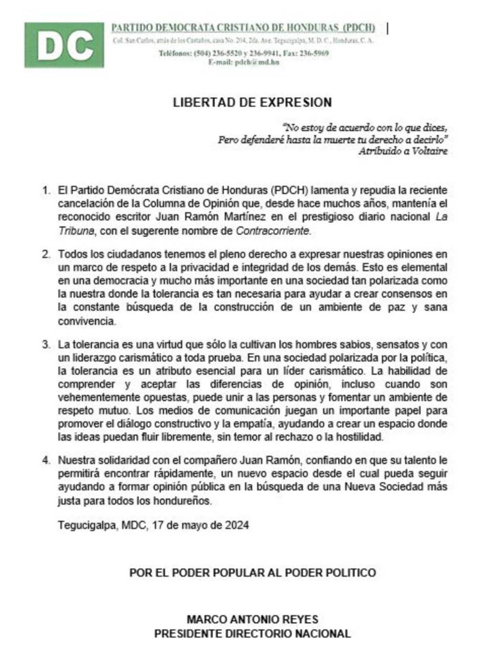 La Democracia Cristiana se solidariza con columnista Juan Ramón Martínez