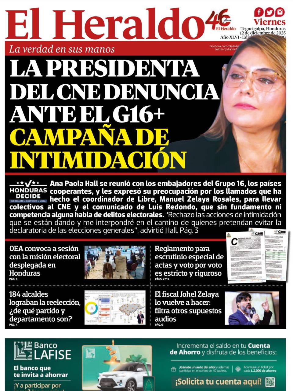 La presidenta del CNE denuncia ante el G16+ campaña de intimidación