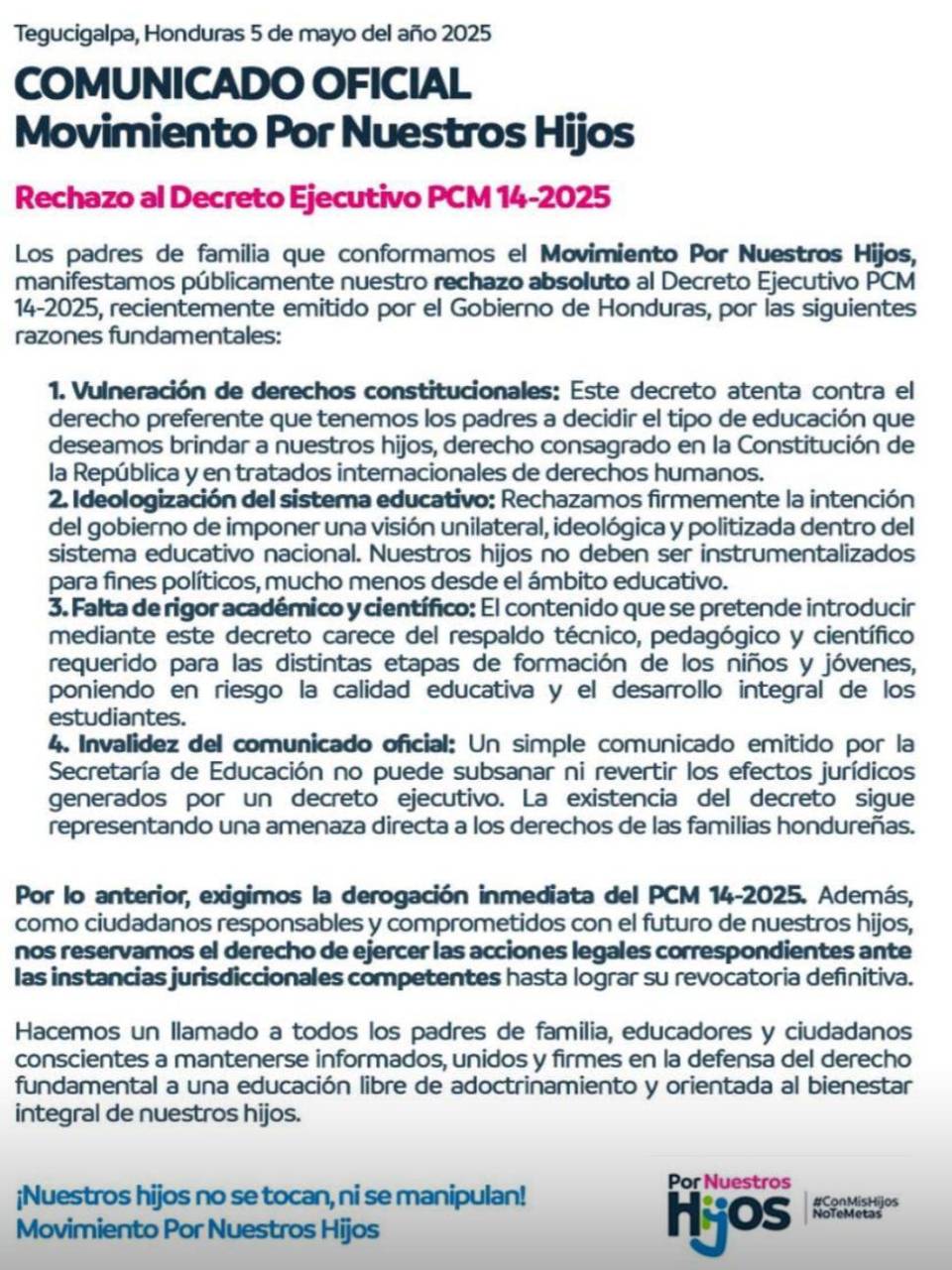 El movimiento emitió un comunicado este lunes en el que rechaza el decreto que establece la imposición del libro en las aulas de clases.
