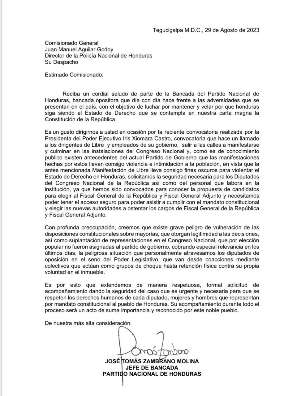 Partido Nacional pide a Policía y Fuerzas Armadas resguardo para los diputados y el hemiciclo