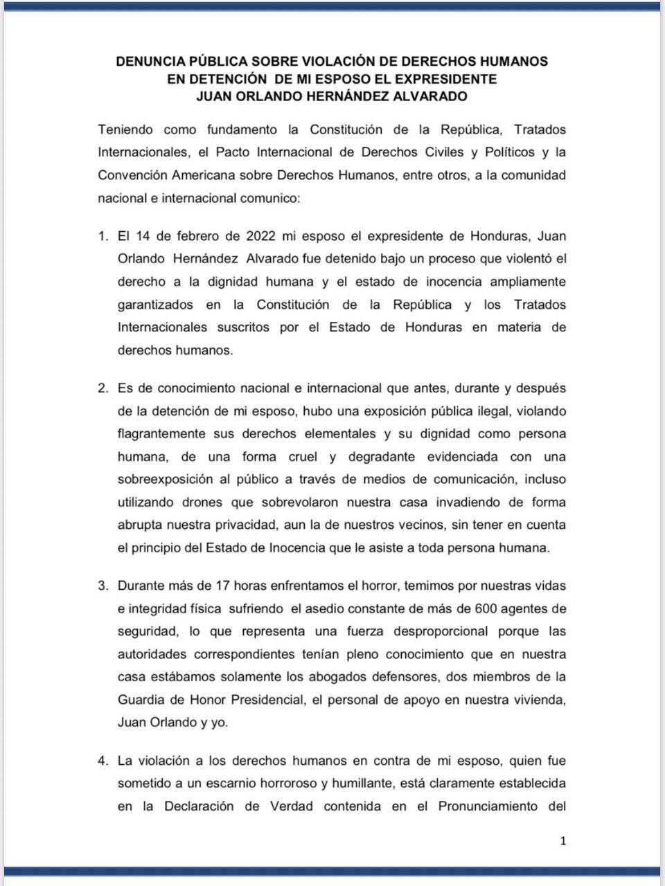 Con una carta pública, Ana García de Hernández denunció la violación de derechos que vivió su esposo, Juan Orlando Hernández.