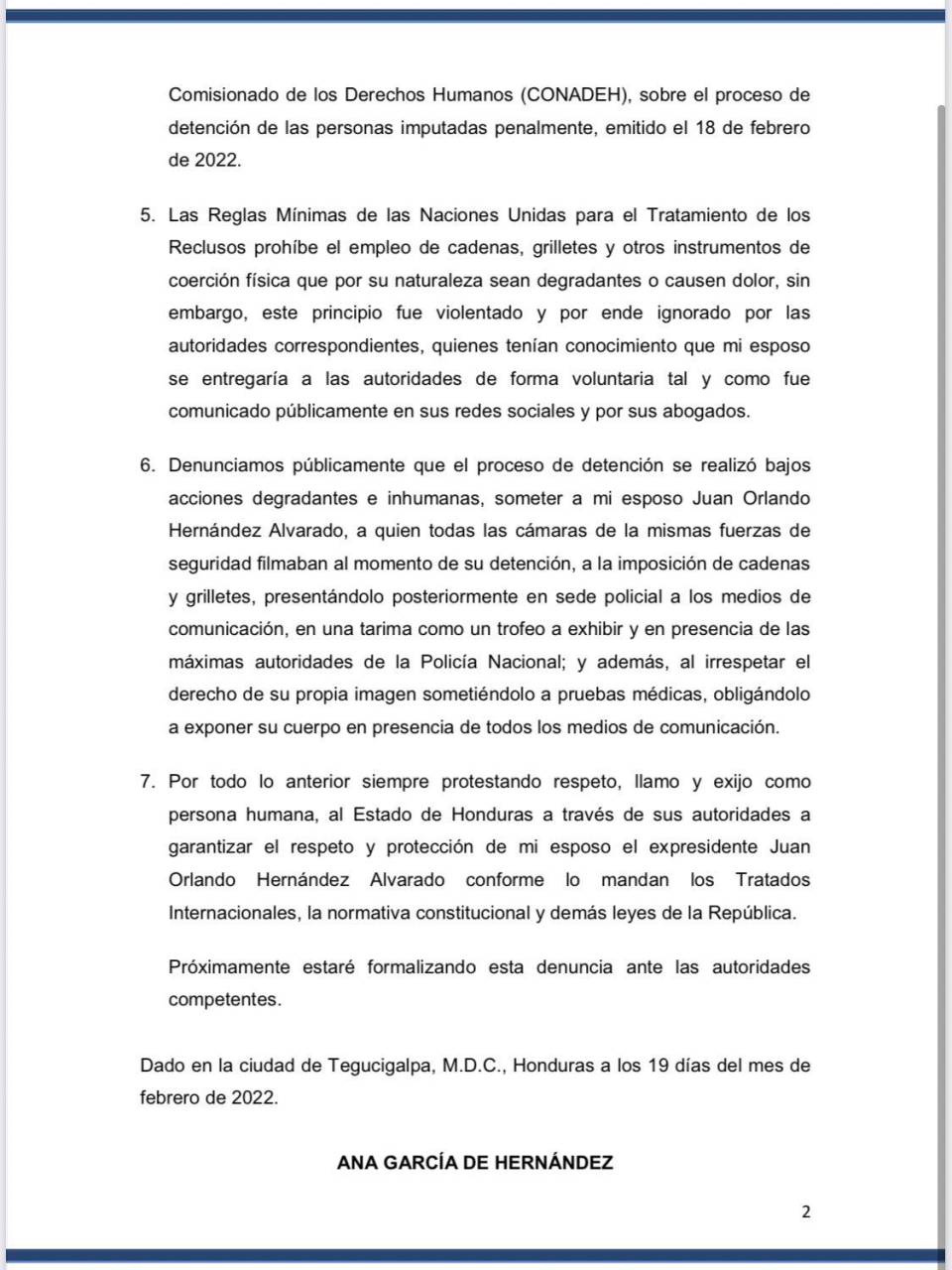 Con una carta pública, Ana García de Hernández denunció la violación de derechos que vivió su esposo, Juan Orlando Hernández.