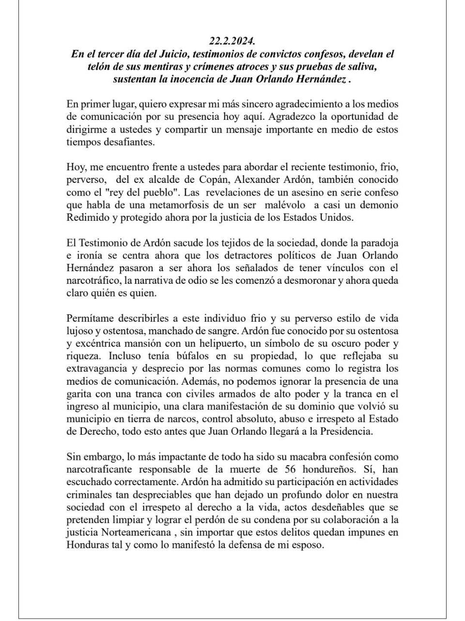 $!Familia de Juan Orlando Hernández: “Ahora los detractores pasaron a ser señalados por narcotráfico”