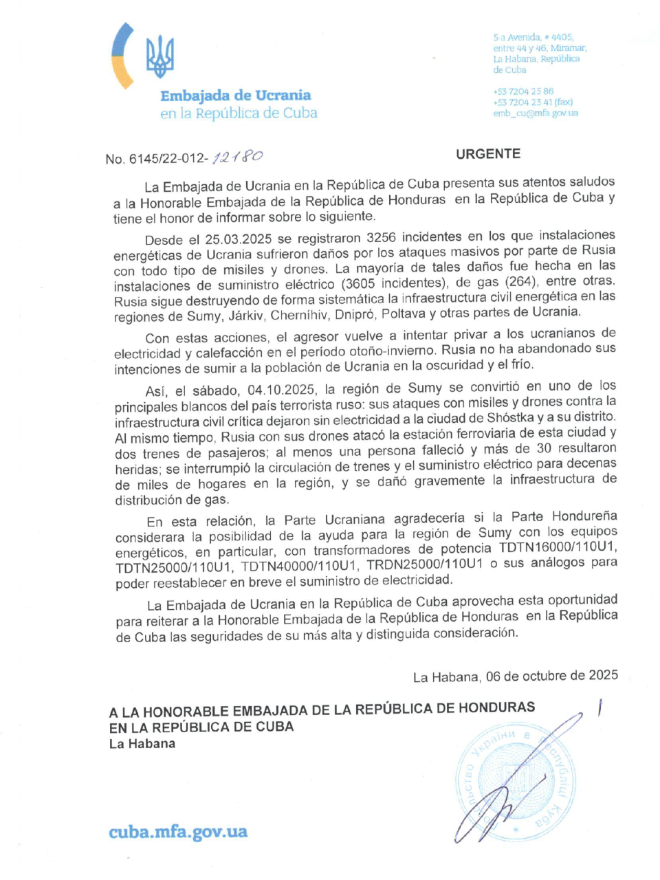 Ucrania pide apoyo a Honduras para restablecer energía tras ataques rusos