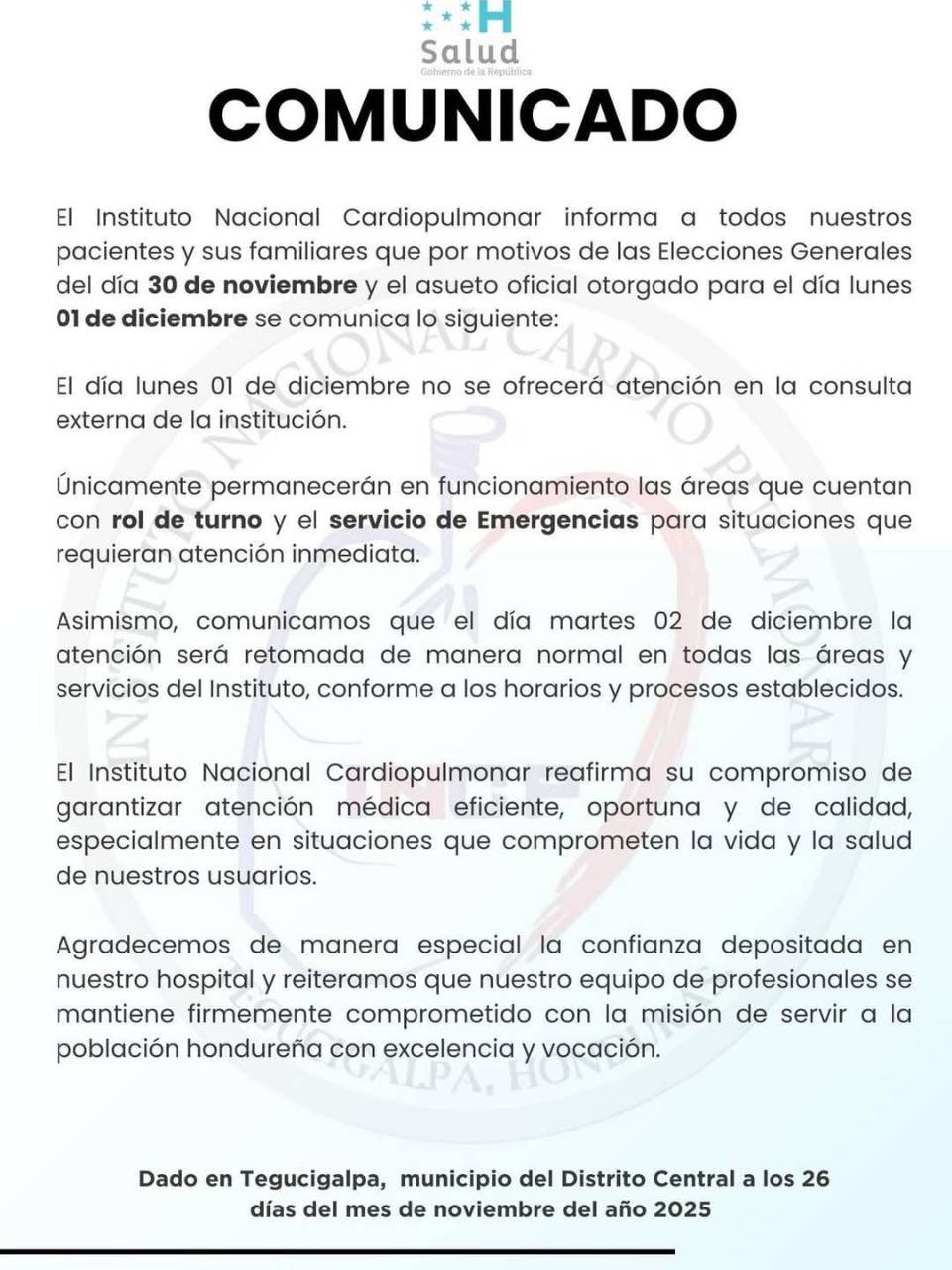 Las autoridades del hospital Cardiopulmonar indicaron que no atenderán la consulta externa.