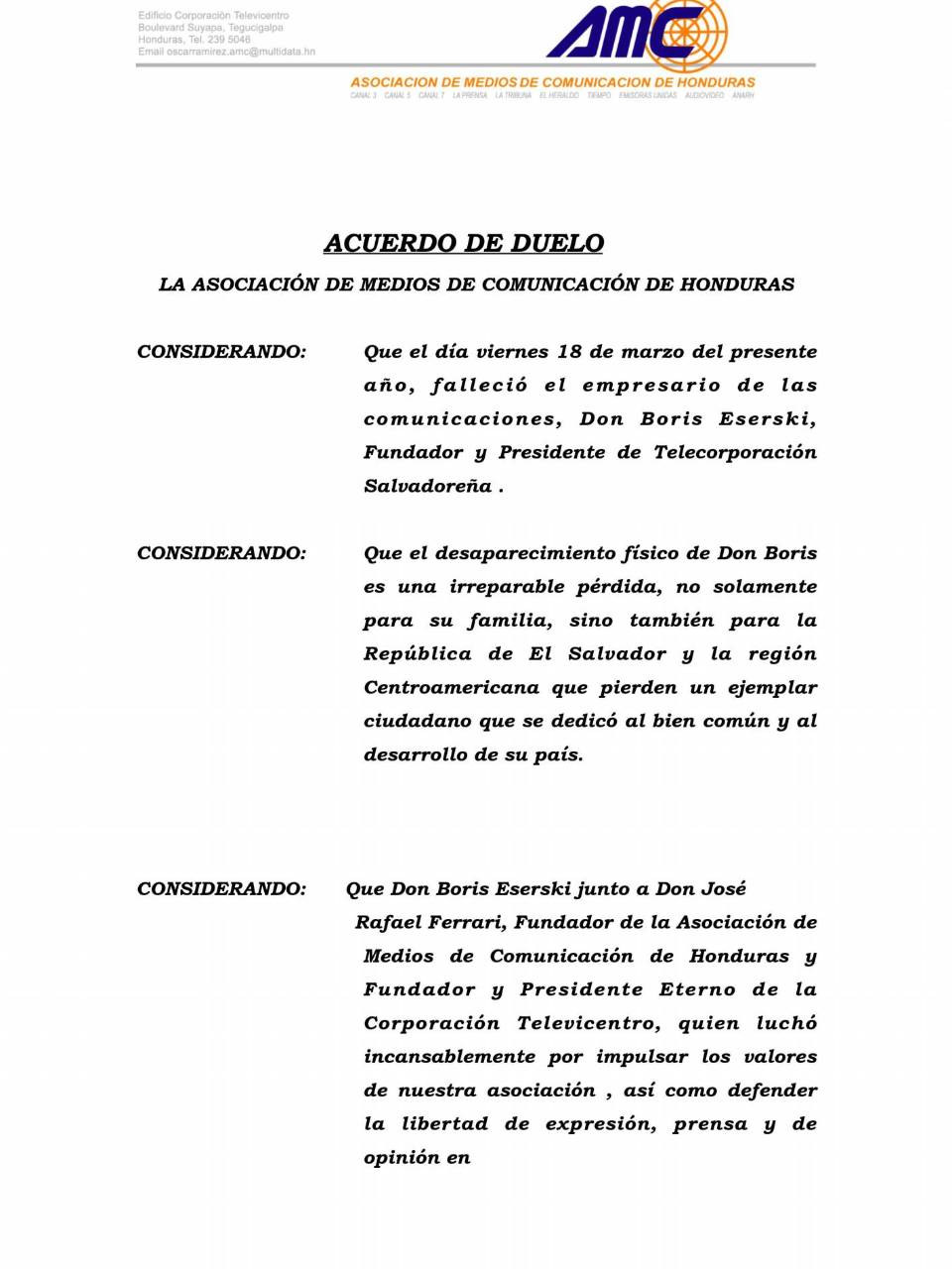 Asociación de Medios de Comunicación de Honduras lamenta deceso del empresario Boris Eserski