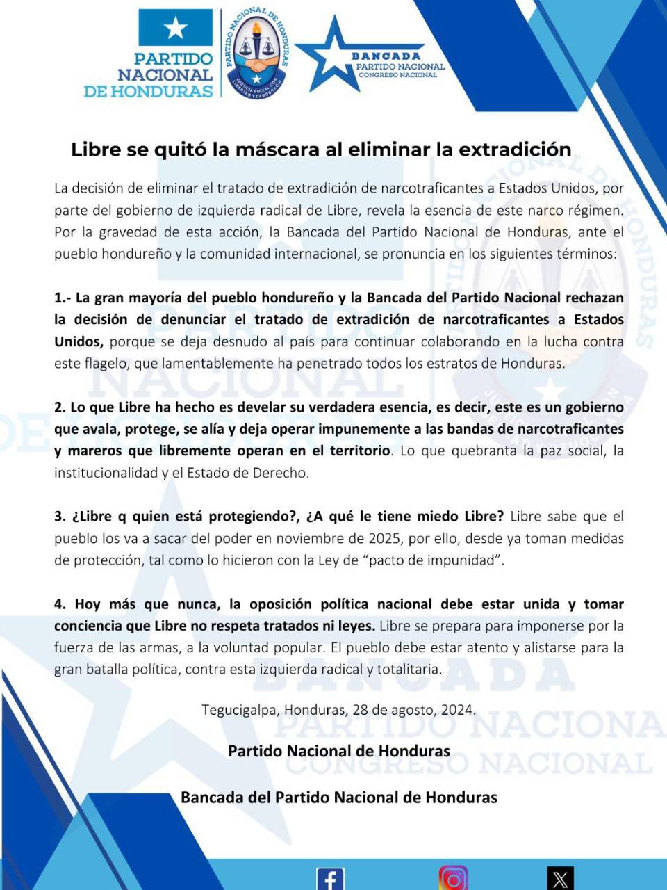 Partido Nacional sobre denuncia del tratado de extradición: “Libre se quitó la máscara”