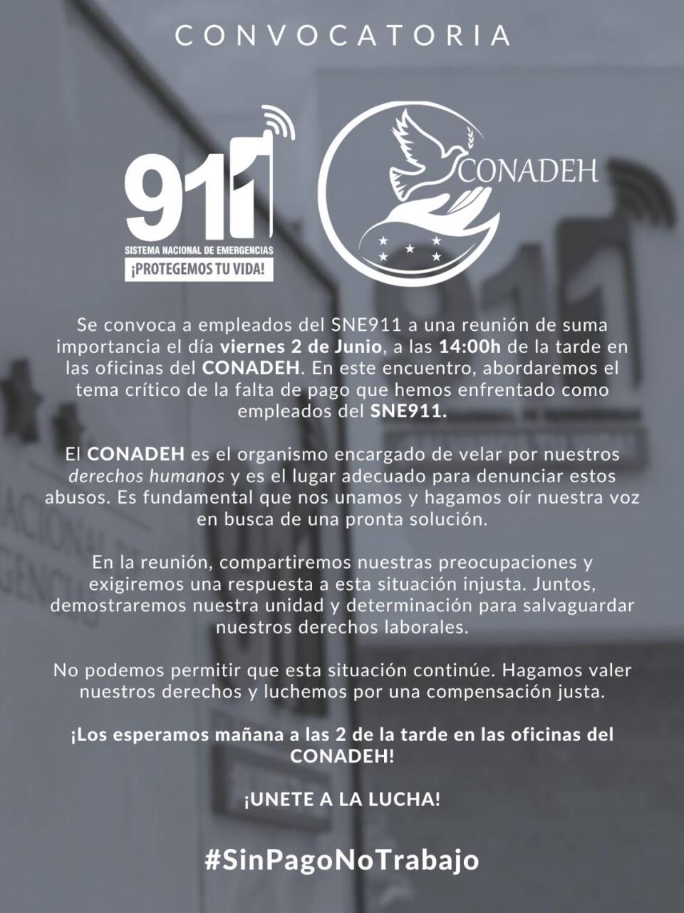 Empleados de 911 convocan a reunión en el Conadeh en demanda de sus salarios